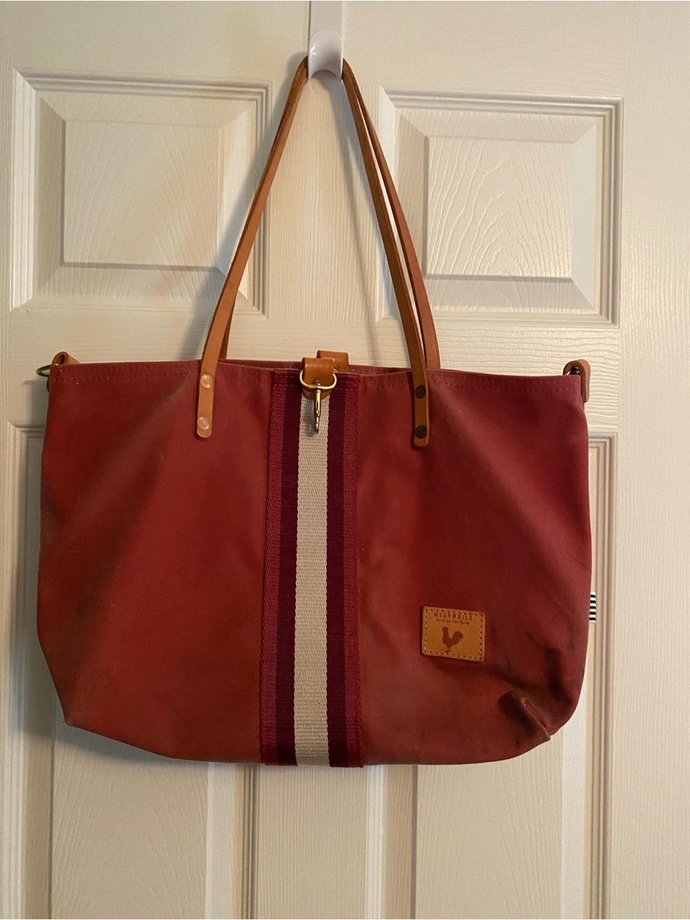 Striped Burgundy Canvas Tote with Tan Leather Handles